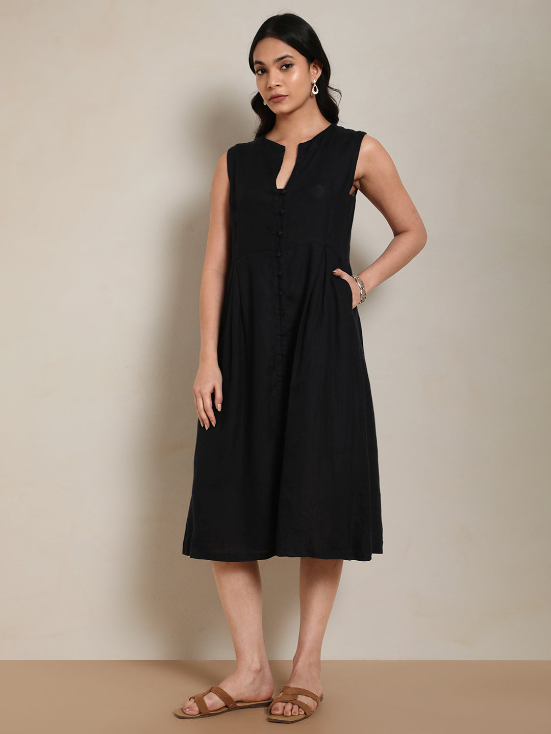 Linen Round Neck Dress in Dark Navy 100% Pure Linen | Effortless Everyday Wear by Ecothread